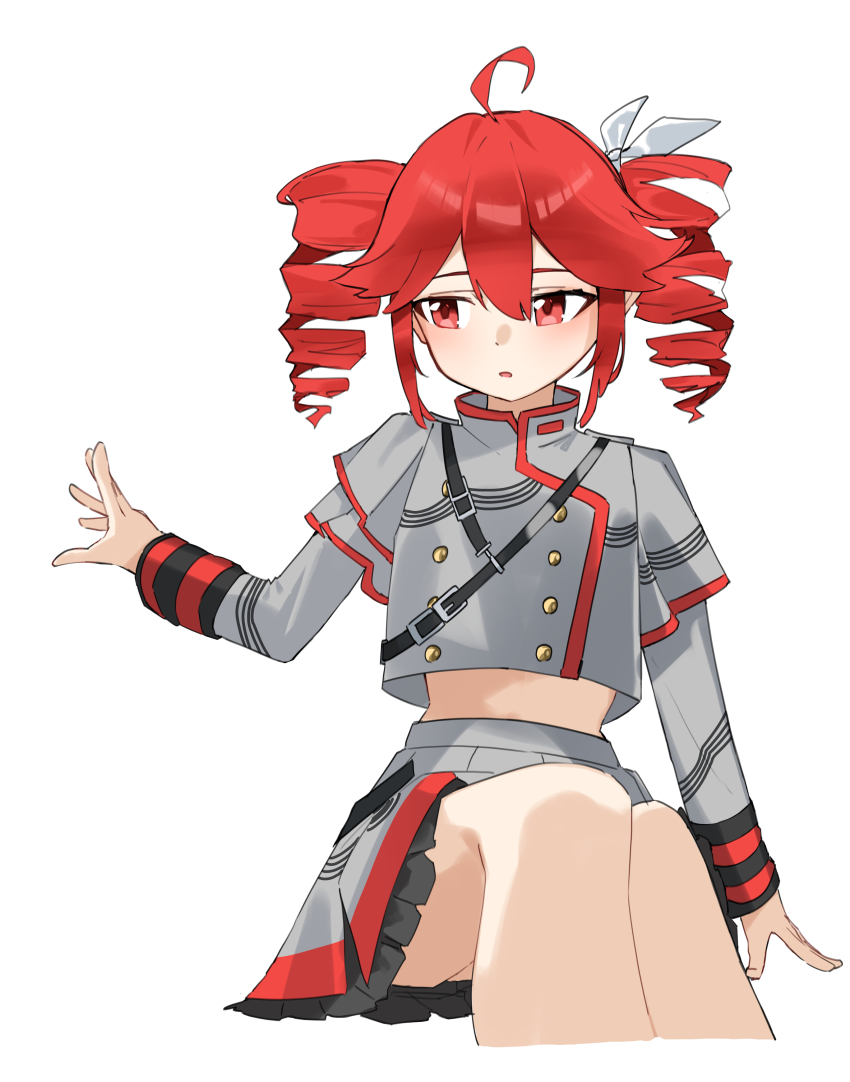 1girl absurdres ahoge arm_at_side belt black_belt black_skirt black_sleeve_cuffs blush bow buttons double-breasted drill_hair feet_out_of_frame grey_jacket grey_skirt hair_bow hair_ribbon hashtag-only_commentary highres jacket kasane_teto kasane_teto_(sv) layered_skirt layered_sleeves long_sleeves looking_to_the_side midriff musical_staff musical_staff_print nun178089 open_mouth red_eyes red_hair red_skirt red_trim ribbon shoulder_belt shoulder_boards simple_background sitting skirt skirt_set solo striped_clothes striped_jacket striped_skirt synthesizer_v transparent_background twin_drills utau white_bow white_ribbon