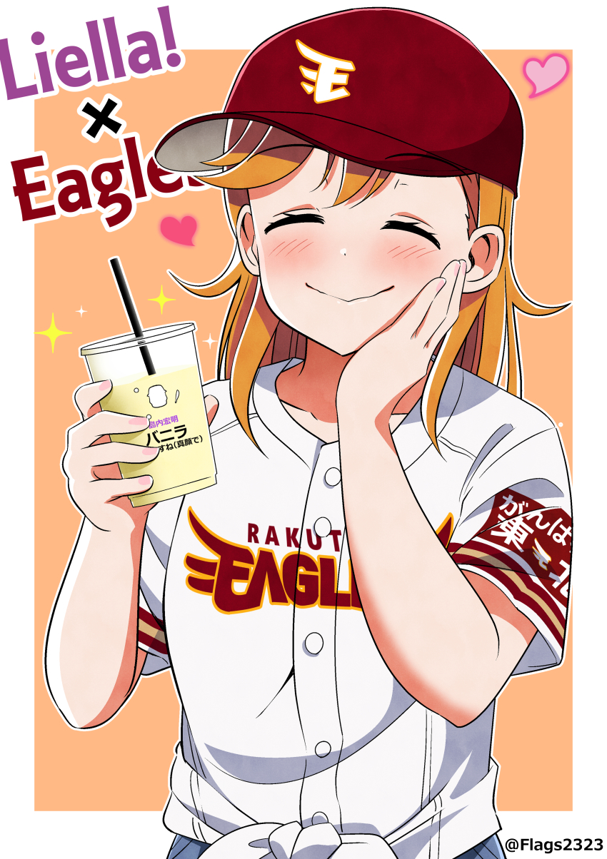 1girl absurdres baseball_cap baseball_jersey blush border closed_eyes closed_mouth collarbone commentary_request cup disposable_cup drink drinking_straw facing_viewer group_name hand_on_own_cheek hand_on_own_face hat heart highres holding holding_cup holding_drink jersey love_live! love_live!_superstar!! medium_hair nippon_professional_baseball orange_background orange_hair outside_border pakudehon red_hat shibuya_kanon shirt short_sleeves smile solo standing touhoku_rakuten_golden_eagles twitter_username upper_body white_border white_shirt