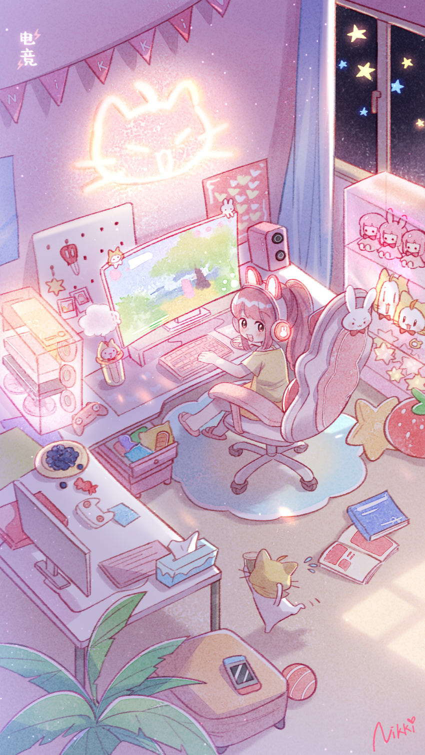 ahoge animal animal_ear_headphones animal_ears artist_request ball bare_legs bedroom brown_eyes casual cat chair character_doll chinese_text cloak clothed_animal copyright_name cup disposable_cup ear_covers fake_animal_ears flying_sweatdrops food from_behind fruit garland_(decoration) grapes headphones highres hood hood_up hooded_cloak indoors infinity_nikki instrument keyboard_(instrument) leg_up light_particles long_hair looking_at_another messy_room meta momo_(nikki) monitor motion_lines night night_sky nikki_(nikki) nikki_(series) nintendo_switch notebook office_chair official_art on_chair open_mouth orange_shorts photo_(object) pink_hair pink_headphones pink_slippers plate playing_games ponytail poster_(object) rabbit_ear_headphones scissors second-party_source shining_nikki shirt shorts sitting sky slippers smile star_(sky) starry_sky stuffed_star stuffed_strawberry swivel_chair t-shirt tareme teeth tissue tissue_box translation_request typing upper_teeth_only whiskers white_cat yellow_cloak yellow_shirt