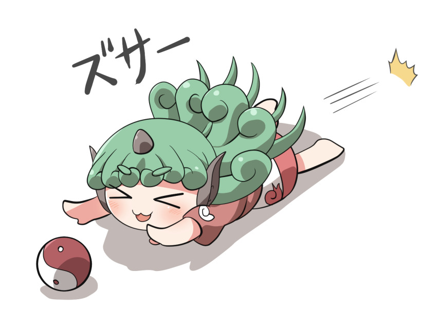 &gt;_&lt; 1girl :3 :d ^^^ barefoot blush commentary_request curly_hair full_body green_hair horns komainu_ears komainu_girl komano_aunn long_hair lying motion_lines on_stomach open_mouth orb reaching red_shirt rokugou_daisuke shirt short_sleeves shorts simple_background single_horn smile solo touhou translation_request white_background white_shorts x3 xd yin_yang yin_yang_orb