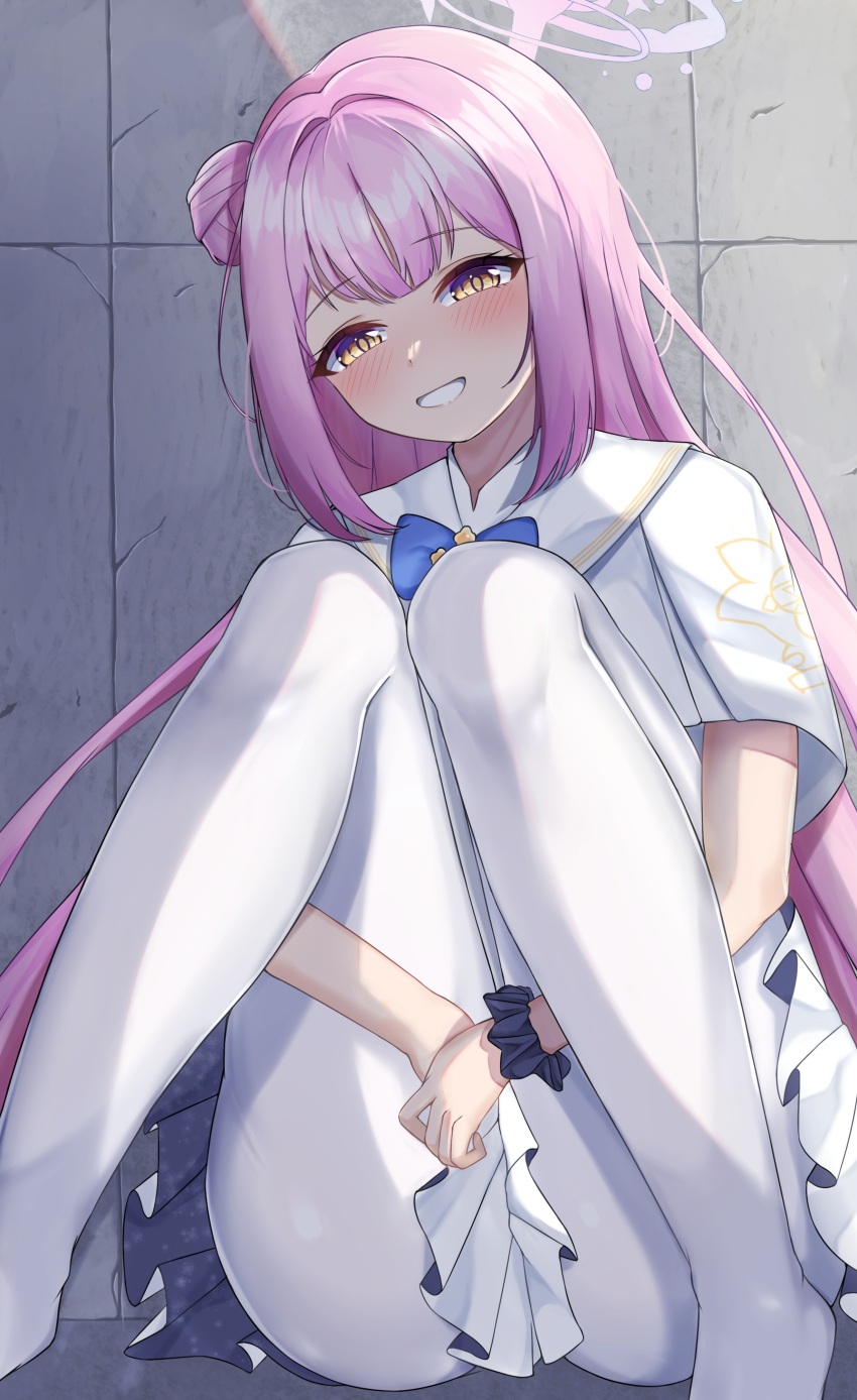 1girl absurdres blue_archive dress grin hair_bun halo highres long_hair mika_(blue_archive) pantyhose pink_hair pink_halo sharen single_side_bun smile solo white_dress white_pantyhose yellow_eyes