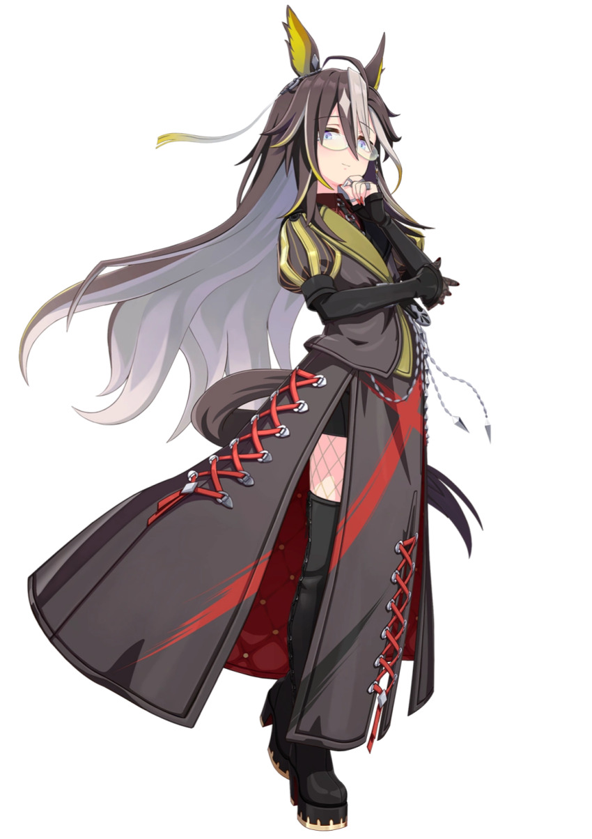 1girl animal_ears black_boots black_hair black_shoes black_shorts black_socks black_tail black_thighhighs blonde_hair boots breasts closed_mouth coat collared_shirt colored_inner_hair detached_sleeves dream_journey_(reminder_of_dreamland)_(umamusume) dream_journey_(umamusume) ear_ornament female_focus finger_to_own_chin fishnet_thighhighs fishnets flat_chest full_body game_cg glasses grey_coat grey_nails grey_skirt highres horse_ears horse_tail jewelry juliet_sleeves lace lace-trimmed_sleeves lace_sleeves lace_trim legs long_hair long_skirt long_sleeves looking_at_viewer multicolored_hair multiple_rings nail_polish official_art puffy_sleeves racing_suit red_nails red_shirt ring shirt shoes short_shorts shorts simple_background skirt small_breasts socks solo standing streaked_hair tachi-e tail thigh_boots thighhighs thighs two-tone_hair umamusume very_long_hair white_background white_hair white_streaks
