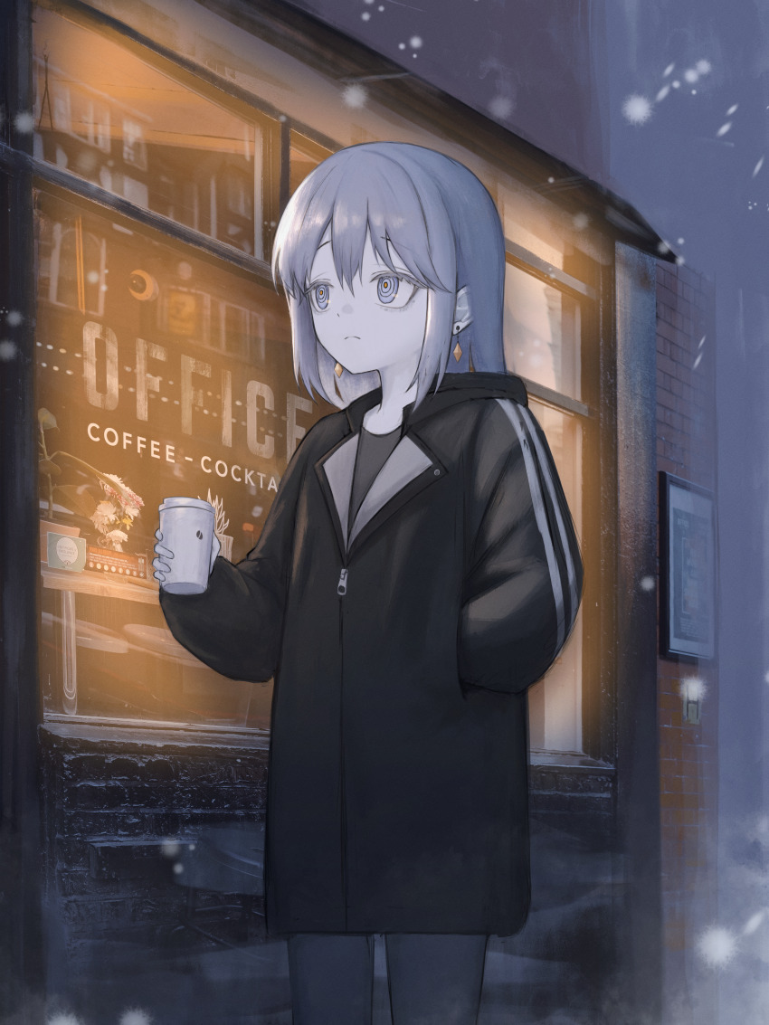 1girl absurdres black_coat blue_eyes brick_wall cafe closed_mouth coat commentary_request cowboy_shot cup disposable_coffee_cup disposable_cup earrings frown grey_hair grey_pants hand_in_pocket highres holding holding_cup jewelry kkamkkam long_hair long_sleeves looking_to_the_side original outdoors pants snowing solo standing window winter zipper_pull_tab