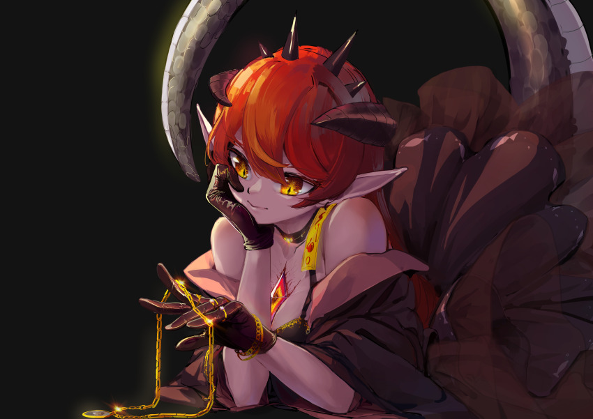 1girl absurdres black_background black_gloves black_hair black_scales black_skin bracelet breasts chain chest_jewel choker cleavage closed_mouth colored_skin commentary_request diamond-shaped_pupils diamond_(shape) dragon_horns dragon_tail dress frilled_dress frills gem glint gloves gold_chain gold_trim gradient_eyes grey_scales hand_on_own_cheek hand_on_own_face highres horns jewelry long_hair long_pointy_ears looking_at_object looking_down lying medium_breasts mokey_mokey_(artist) monster_girl multicolored_eyes multicolored_gemstone on_floor on_stomach orange_eyes original pendant pointy_ears red_hair ribbon_choker see-through_skirt_layer simple_background slit_pupils smile solo symbol-shaped_pupils tail two-tone_eyes yellow_eyes