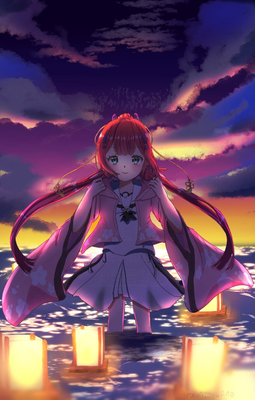 1girl aqua_eyes ascot backlighting black_ascot blunt_bangs blush cherry_blossom_print closed_mouth commentary_request eyelashes floating_clothes floating_hair floral_print floral_print_kimono hair_ornament hairclip hands_up highres hood hood_down hooded_kimono japanese_clothes kamiyama_shiki kimono lantern long_hair long_sleeves looking_at_viewer maru_mayu000 ocean open_clothes open_kimono orange_sky outdoors pink_kimono ponytail print_kimono purple_sky red_hair sailor_collar school_uniform serafuku shirt skirt sky smile solo standing summer_pockets summer_pockets_school_uniform sunset tassel tassel_hair_ornament twitter_username very_long_hair wading water watermark white_sailor_collar white_serafuku white_shirt white_skirt wide_sleeves