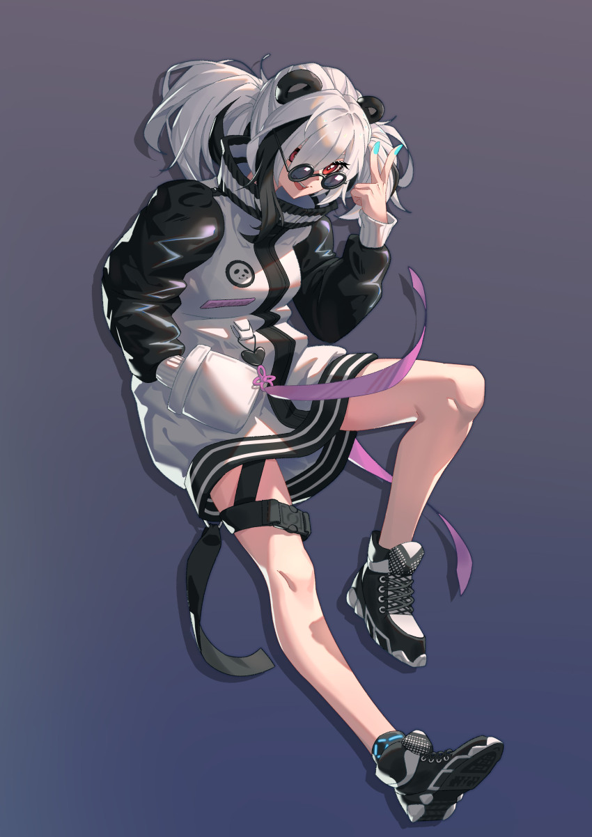 1girl absurdres animal_ears animal_print anklet arknights bear_print black_shoes blue_nails breasts commentary feater_(arknights) full_body grey_background hand_in_pocket highres infection_monitor_(arknights) jacket jewelry leg_up long_hair long_sleeves looking_at_viewer open_mouth panda_ears panda_girl panda_print red_eyes shoes simple_background smile sneakers solo sunglasses zidu_(9478296)