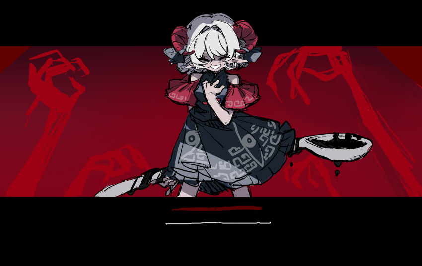 1girl bare_shoulders closed_eyes cowboy_shot facing_viewer grey_shirt grey_skirt helltaker highres holding holding_spoon horns letterboxed oversized_spoon pointy_ears print_skirt red_background red_horns shirt simple_background skirt sleeveless sleeveless_shirt solo spoon touhou toutetsu_yuuma white_hair zhixie_jiaobu