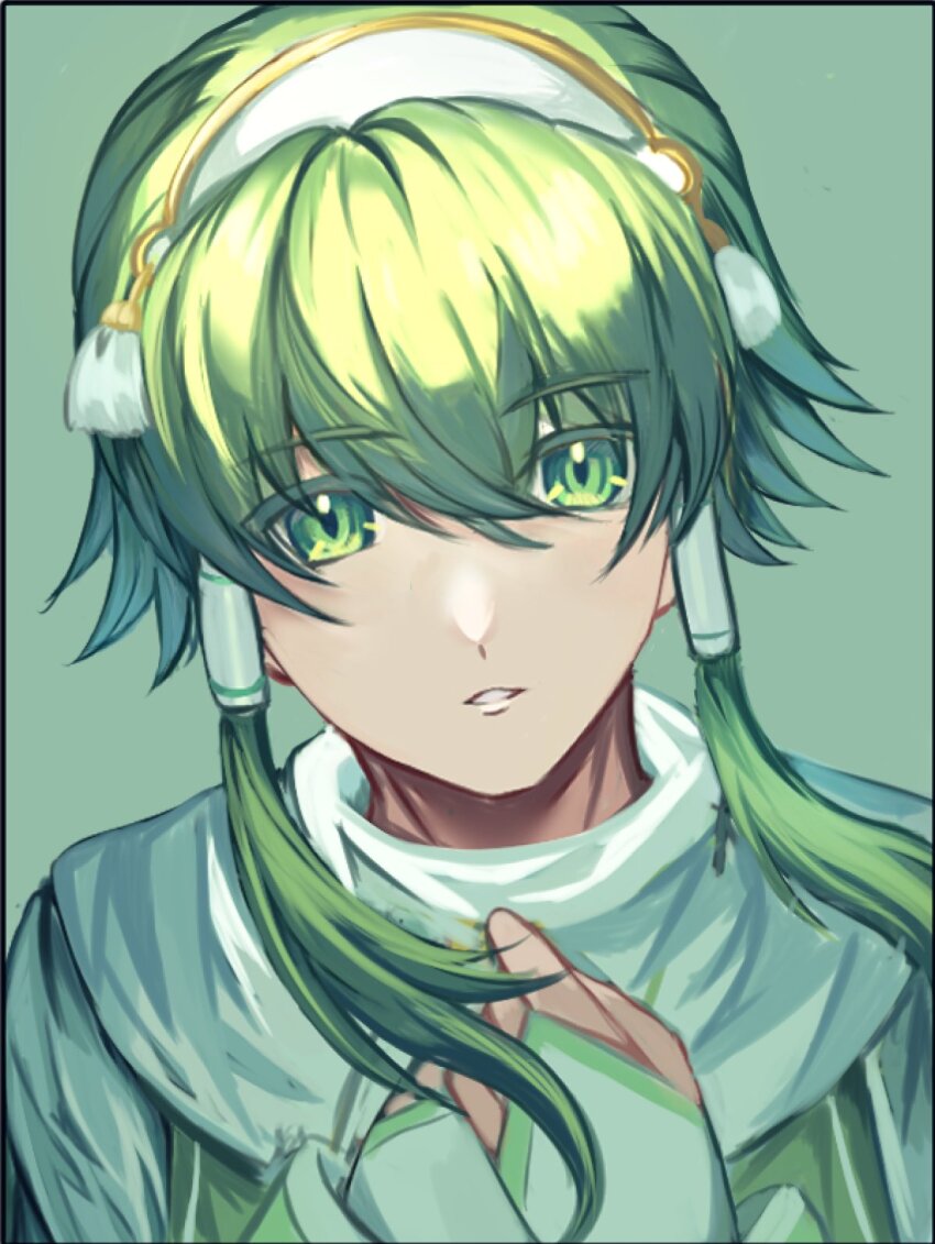 1boy commentary_request green_background green_eyes green_hair highres ion_(tales) looking_at_viewer male_focus parted_lips shigure_0226 sidelocks simple_background solo tales_of_(series) tales_of_the_abyss upper_body