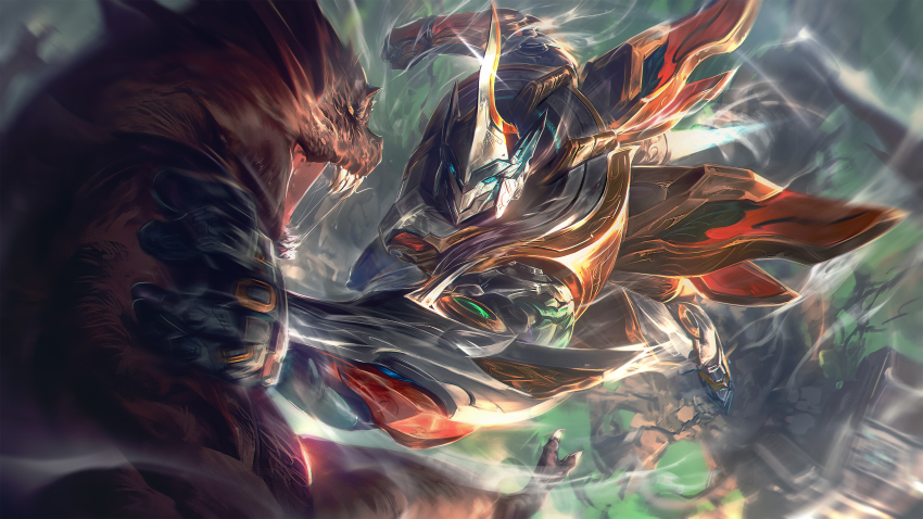 2boys absurdres armor blue_eyes blurry blurry_background clenched_hand colored_skin from_above helm helmet highres league_of_legends multiple_boys open_mouth red_skin renekton reptile_boy sett_(league_of_legends) sharp_teeth teeth wings wutu_(1183238220)