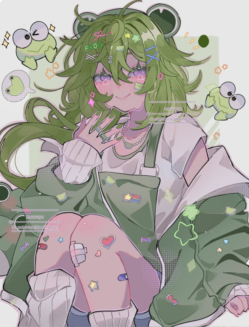 1girl bandaid blush closed_mouth collarbone collei_(genshin_impact) genshin_impact green_hair green_nails hair_ornament hairpin highres jewelry keropii knees_up looking_at_viewer mausuya necklace non-web_source purple_eyes ring sanrio sanrio_danshi simple_background smile socks sticker