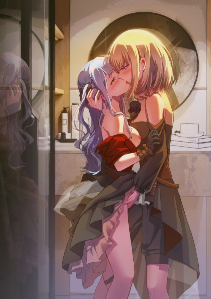 2girls bang_dream! bang_dream!_it&#039;s_mygo!!!!! bathroom black_dress black_gloves black_shorts black_skirt blonde_hair blue_hair blush bra clothing_cutout commentary_request doloris_(bang_dream!) dress eye_contact fingering french_kiss gloves hand_in_another&#039;s_hair highres kiss long_hair looking_at_another medium_hair mirror misumi_uika multiple_girls nipples oblivionis_(bang_dream!) purple_eyes red_bra red_shirt reflection shannon_natural shirt shorts shoulder_cutout skirt togawa_sakiko two_side_up underwear yellow_eyes yuri