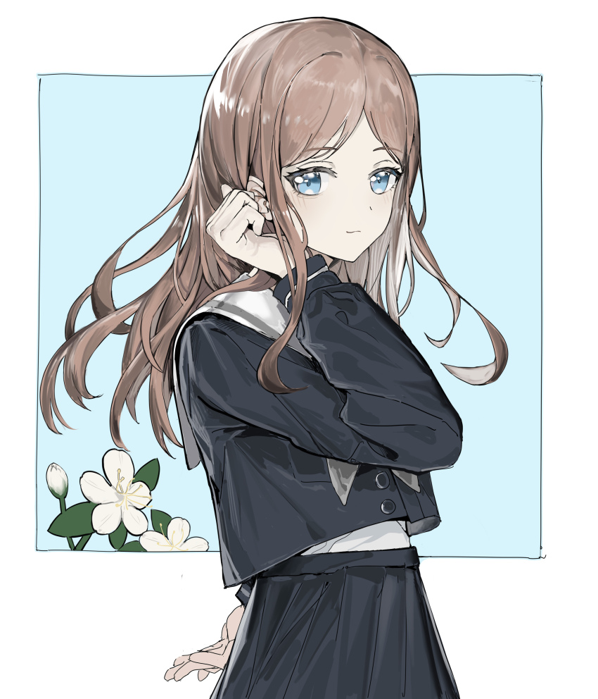 1girl absurdres anli_(jwcpp4sum0mgk5r) bang_dream! bang_dream!_it&#039;s_mygo!!!!! blue_eyes blue_shirt blue_skirt blush brown_hair closed_mouth commentary cowboy_shot dated flower hashtag-only_commentary highres inset_border long_hair long_sleeves looking_at_viewer nagasaki_soyo outside_border pleated_skirt school_uniform shirt sidelocks skirt solo tsukinomori_school_uniform tucking_hair unfinished