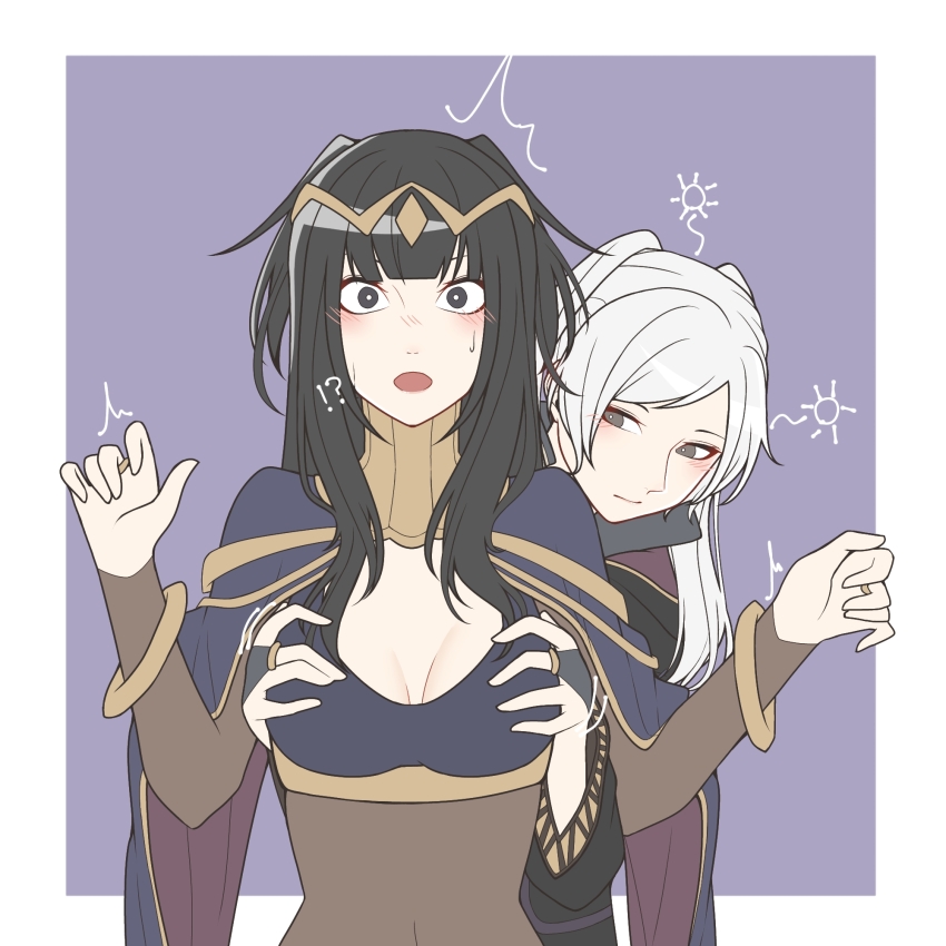 !? 2girls ao_saryaruhu behind_another black_bra black_cloak black_coat black_eyes black_hair blush bodysuit bra bracelet breasts brown_eyes cleavage clenched_hands cloak coat covered_navel drunk embarrassed eyelashes facing_viewer female_focus female_pervert fire_emblem fire_emblem_awakening grabbing_another&#039;s_breast groping hands_up highres hime_cut hood hooded_coat jewelry large_breasts long_hair long_sleeves looking_at_another looking_at_viewer medium_breasts multiple_girls necklace nintendo open_mouth pervert robin_(female)_(fire_emblem) robin_(fire_emblem) see-through_bodysuit see-through_clothes short_twintails sidelocks standing surprised sweat swept_bangs tharja_(fire_emblem) tiara twintails underwear upper_body white_hair yuri