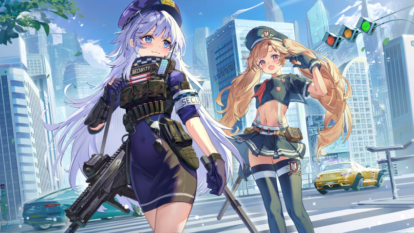 2girls :3 a.c.p.u._(nikke) ammunition_belt armband baton_(weapon) blue_dress blue_eyes blue_gloves blue_shirt blue_sky blue_thighhighs brown_eyes brown_hair building bulletproof_vest car chinese_commentary commentary_request cropped_shirt dress gloves goddess_of_victory:_nikke gun hat highres holding holding_baton_(weapon) holding_weapon long_hair military_hat miniskirt miranda_(nikke) motor_vehicle multiple_girls outdoors poli_(nikke) police police_hat police_uniform policewoman rifle road shirt skirt sky skyscraper street suspenders tactical_clothes thighhighs thighs traffic_light twintails wang_man weapon white_hair zettai_ryouiki