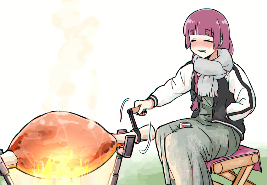 1girl alcohol_carton between_legs black_jacket black_nails blunt_bangs blush bocchi_the_rock! boned_meat bow chromatic_aberration closed_eyes cooking dress fingernails fire floral_print floral_print_dress food green_bow green_dress grey_scarf hair_bow hair_over_shoulder hand_in_pocket hiroi_kikuri jacket long_hair long_sleeves low-braided_long_hair low-tied_long_hair meat monster_hunter_(series) motion_lines multicolored_jacket nail_polish nose_blush open_clothes open_jacket open_mouth pink_hair print_dress roasting rotisserie scarf sitting smile solo spider_lily_print steam torako_(toramaru) two-tone_jacket white_jacket