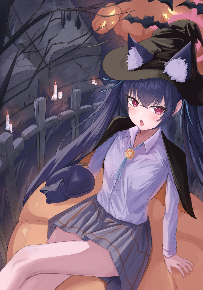 1girl absurdres alternate_costume animal_ear_fluff animal_ears bat_(animal) black_cape black_cat black_hair black_hat blue_archive blue_ribbon blush candle cape cat cat_ears cat_girl collared_shirt commentary cross crossed_bangs crossed_legs dress_shirt dutch_angle ears_through_headwear extra_ears fang feet_out_of_frame fujiwara_haru_(nekonote) graveyard grey_skirt hair_between_eyes halloween halloween_costume hat highres jack-o&#039;-lantern long_hair long_sleeves looking_at_viewer lower_teeth_only miniskirt neck_ribbon night open_mouth orange_cape outdoors pink_pupils plaid_clothes plaid_skirt pleated_skirt pumpkin red_eyes ribbon serika_(blue_archive) shirt sitting skin_fang skirt solo straight_hair teeth tongue twintails two-sided_cape two-sided_fabric upturned_eyes very_long_hair white_shirt witch witch_hat
