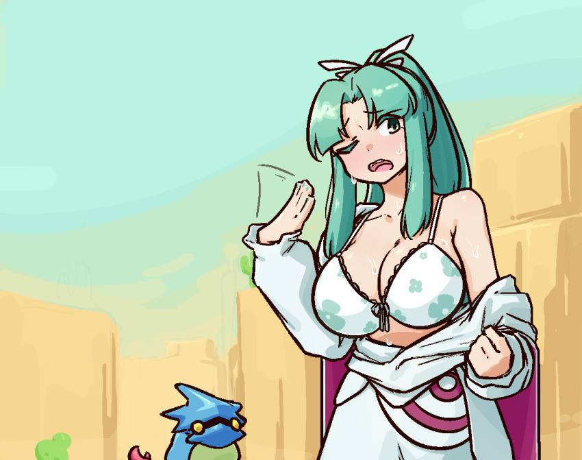 1girl 1other blue_eyeliner blue_eyes blue_hair blue_nails breasts cactus day desert djinn_(golden_sun) dot_nose dress eyeliner female_focus fingernails floral_print floral_print_bra golden_sun large_breasts liveactors makeup matching_hair/eyes mia_(golden_sun) nail_polish nintendo open_mouth outdoors sky standing sweat undressing white_dress