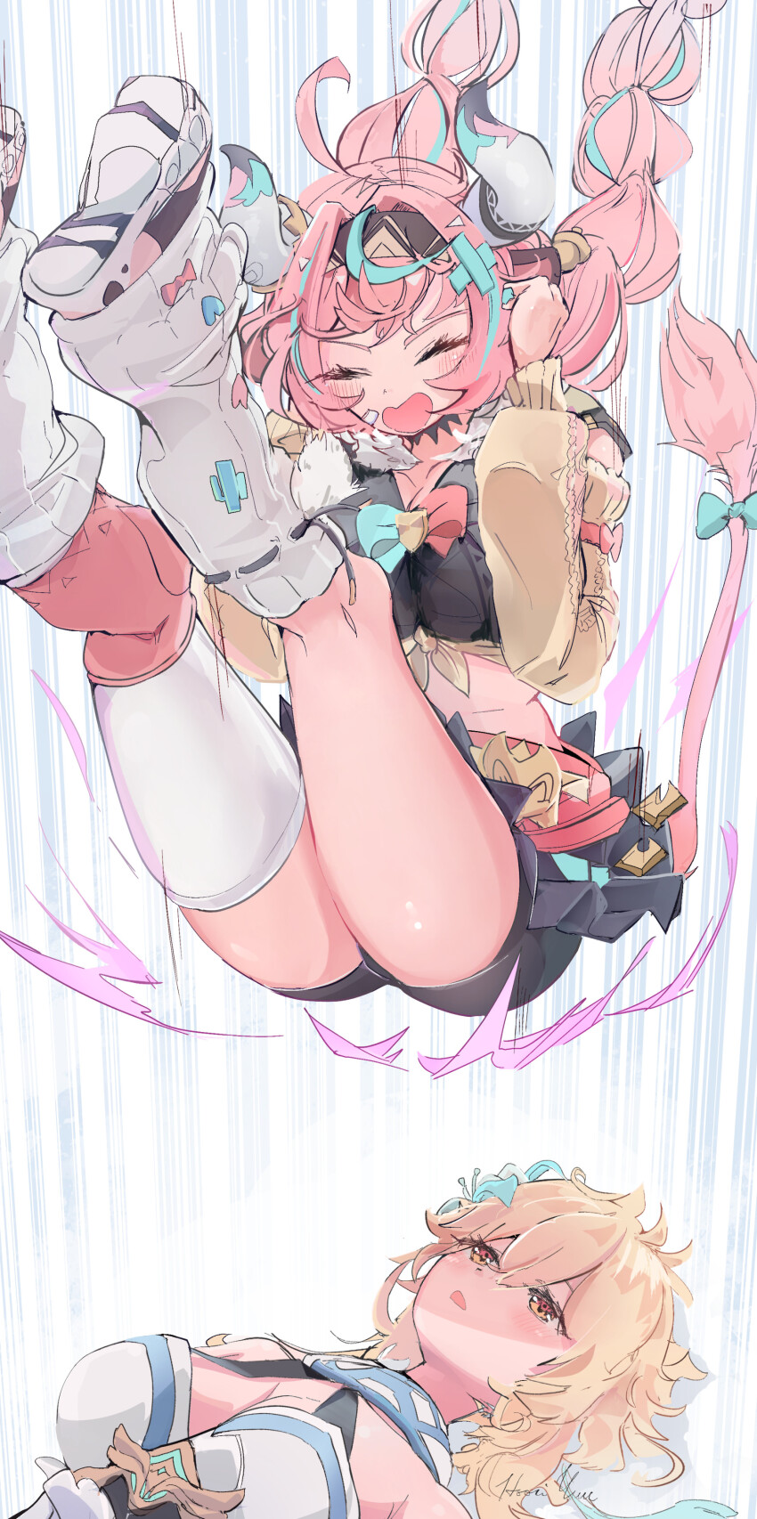 2girls :d absurdres ahoge animal_ears asymmetrical_legwear bandaid bandaid_hair_ornament bike_shorts black_skirt blonde_hair braided_twintails breasts chestnut_mouth closed_eyes cow_ears cow_horns cow_tail crop_top dress falling female_pervert flower genshin_impact hair_flower hair_ornament hairband halterneck highres hip_attack hooriyuu horns large_breasts leg_warmers long_hair looking_at_another lumine_(genshin_impact) lying motion_lines multicolored_hair multiple_girls on_back open_mouth orange_eyes pervert pink_hair skirt smile speed_lines streaked_hair tail twintails varesa_(genshin_impact) white_dress