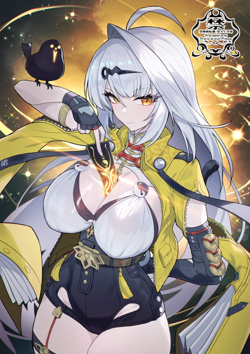 1girl ahoge animal_on_arm arm_behind_back armlet between_breasts bird bird_on_arm black_gloves black_shorts breasts coin coin_on_string fingerless_gloves glint gloves hair_ornament hand_up high-waist_shorts highres holding jacket jewelry large_breasts light_blush light_trail long_hair looking_at_viewer matsumoto_tomoyohi night night_sky shirt shorts sky solo star_(sky) tassel thigh_strap thighs very_long_hair watermark white_hair white_shirt yellow_eyes yellow_jacket yixuan_(zenless_zone_zero) yin_yang_pin zenless_zone_zero