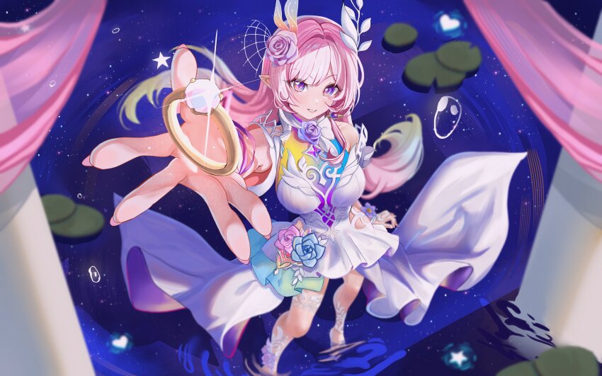 1girl absurdres bare_shoulders breasts cyrene_(honkai:_star_rail) cyrene_(ripples_of_past_reverie)_(honkai:_star_rail) diamond-shaped_pupils diamond_(shape) dress flower hair_flower hair_ornament hashtag-only_commentary highres holding holding_jewelry holding_ring honkai:_star_rail honkai_(series) jewelry large_breasts long_hair looking_at_viewer pink_hair purple_eyes ring solo symbol-shaped_pupils very_long_hair white_dress y_osu