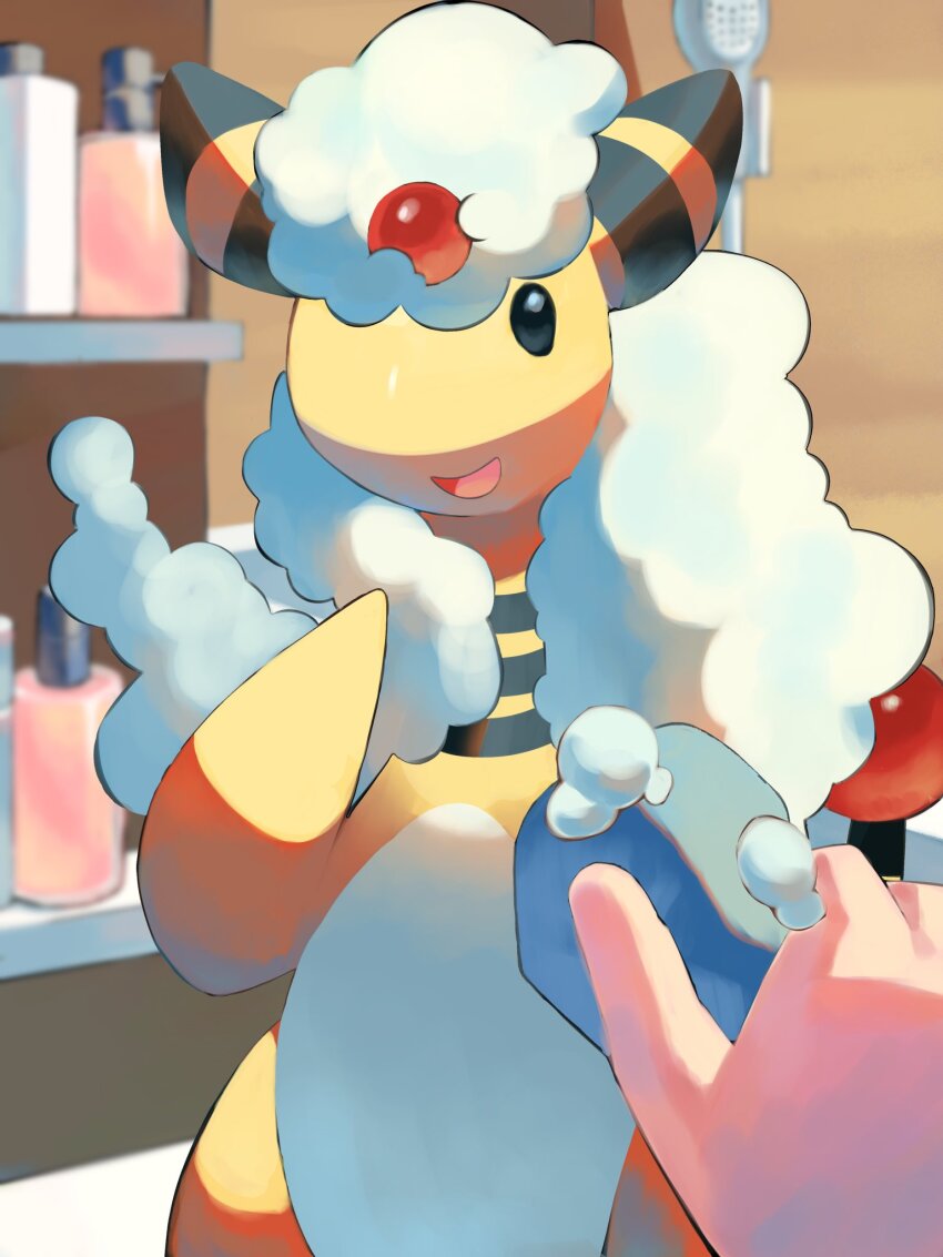 1other ampharos forehead_jewel gen_2_pokemon highres looking_at_viewer nintendo open_mouth p9kfxaofqi54546 pokemon pokemon_(creature) pokemon_focus shampoo_bottle shower_head showering smile soap_bubbles solo_focus tail