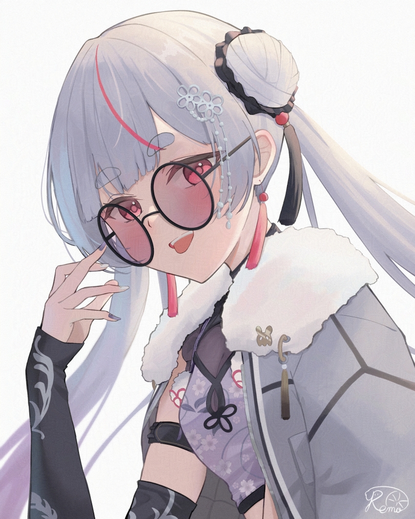 1girl absurdres adjusting_eyewear arm_strap black_nails cattleya_regina_games crop_top detached_sleeves double_bun earrings fur-trimmed_jacket fur_trim gradient_hair grey_jacket hair_bun highres jacket jacket_on_shoulders jewelry looking_at_viewer multicolored_hair open_mouth parted_bangs pink_eyes portrait remo_nade1 round_eyewear simple_background solo streaked_hair tassel tassel_earrings teeth thick_eyebrows tongue tongue_out tosaki_mimi tosaki_mimi_(6th_costume) twintails upper_teeth_only virtual_youtuber vspo! white_background white_hair