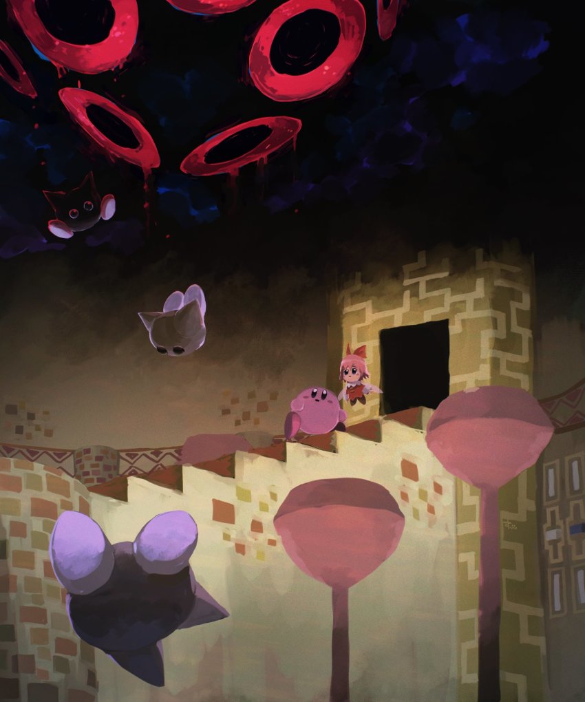 blue_eyes blush dark dark_matter_(kirby) floating flying highres jewelry kirby kirby_(series) kirby_64 long_sleeves looking_up miracle_matter monster n-z nintendo open_mouth pink_hair ribbon ribbon_(kirby) ring ruins shirt signature spiked_hair stairs suyasuyabi worried