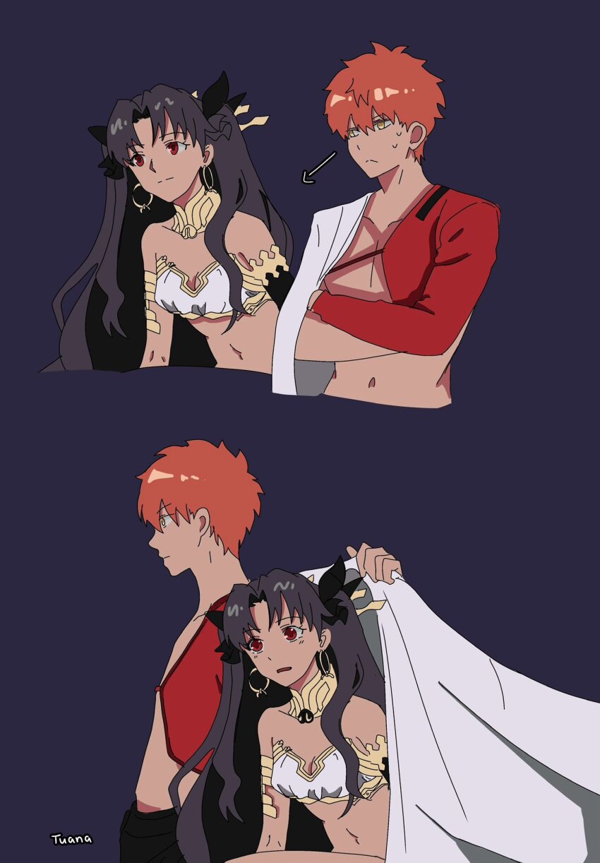 1boy 1girl armlet artist_name bikini black_hair cape earrings edeerirene emiya_shirou fate/grand_order fate_(series) highres holding holding_unworn_cape holding_unworn_clothes hoop_earrings ishtar_(fate) jewelry mismatched_bikini neck_ring orange_hair ponytail red_eyes senji_muramasa_(fate) side_ponytail signature simple_background single_bare_shoulder swimsuit unworn_cape white_cape yellow_eyes