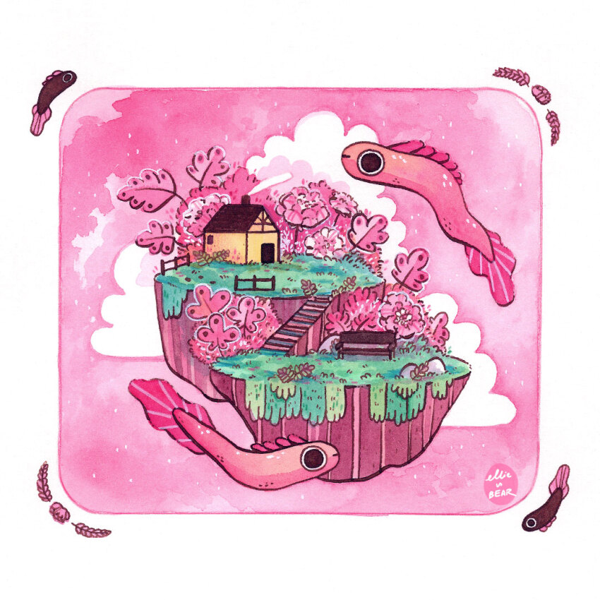 artist_name bench border building cloud commentary ellievsbear english_commentary fence fish floating_island flower flying_fish grass house island original outdoors pink_flower pink_sky pink_theme rock signature sky stairs white_border