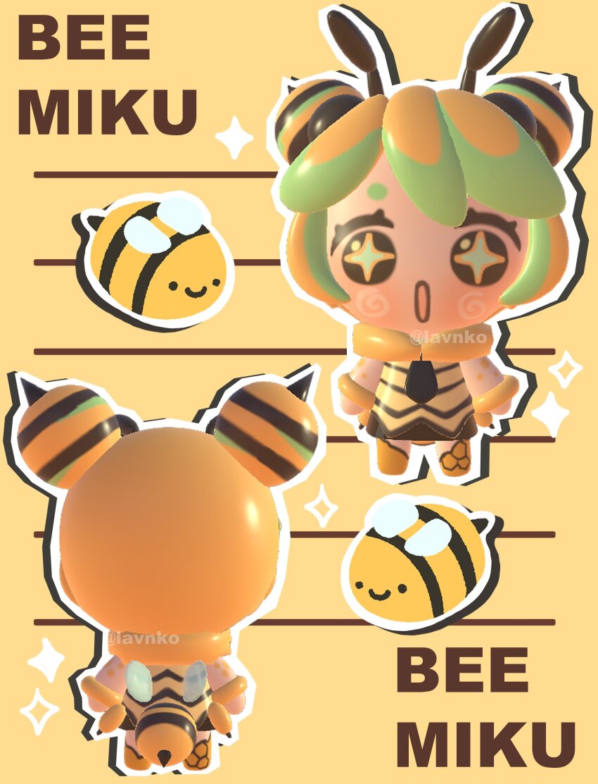 1girl 3d absurdres adapted_costume alternate_costume alternate_hair_color alternate_hairstyle antennae arthropod_girl bee bee_costume bee_girl bee_tail bee_wings blonde_hair blush bug chibi chibi_only double_bun green_hair hair_bun hatsune_miku highres insect insect_girl insect_wings lavy_(lavnko) necktie spiral_cheeks stinger vocaloid wings