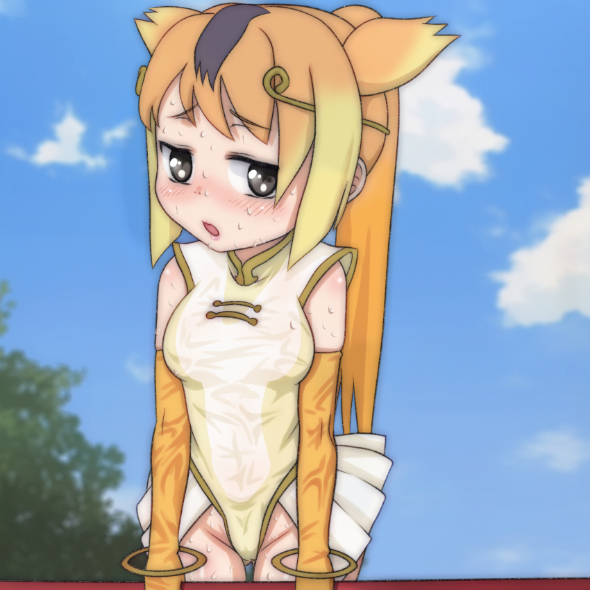 1girl black_eyes blonde_hair blush bracelet breasts circlet cloud gloves golden_snub-nosed_monkey_(kemono_friends) gradient_hair highres holding holding_staff hot jewelry kemono_friends leotard long_hair looking_at_viewer medium_breasts monkey_girl multicolored_hair open_mouth orange_gloves orange_hair ponytail skirt sky staff standing sweat t_jiroo_(ringofriend) tree twintails two-tone_hair wet_leotard white_skirt yellow_leotard