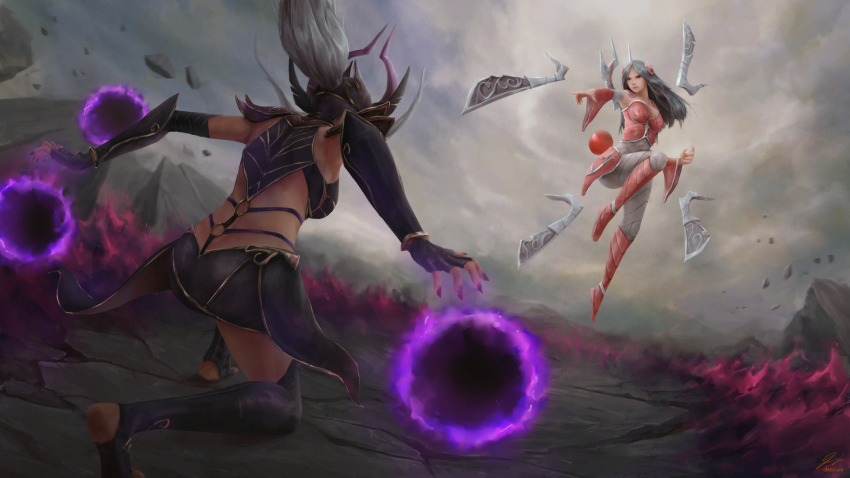 2girls armor back battle black_hair blade breastplate breasts cheesewoo debris energy_ball faulds fighting_stance fingerless_gloves fire firing floating floating_hair floating_object floating_sword floating_weapon from_behind full_body glaring gloves hair_ornament hair_through_headwear helmet highres irelia jumping league_of_legends leather_armor leather_skirt long_hair looking_at_another magic multiple_girls nail_polish on_one_knee outstretched_arm purple_nails red_armor rubble shoulder_armor signature smoke sword syndra vambraces weapon white_hair winged_helmet