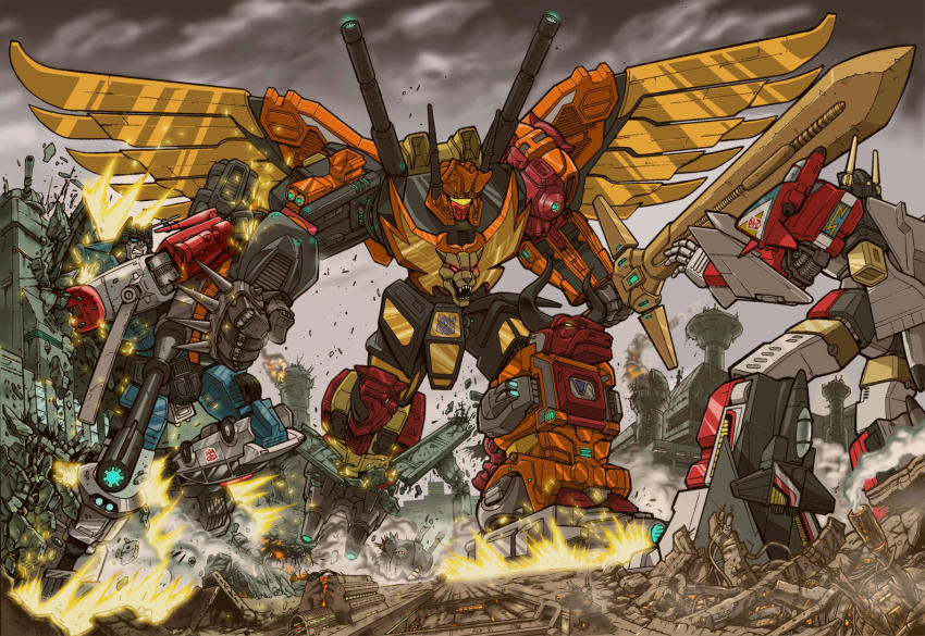 3boys aerialbots alien arm_cannon armor assault_visor autobot battle blue_eyes cannon canopy_(aircraft) clenched_hands commentary decepticon defensor destruction english_commentary explosion fighting glowing guido_guidi holding holding_sword holding_weapon horns insignia machinery mecha mechanical_wings multiple_boys no_humans official_art predacons_(g1) predaking_(transformers) protectobot red_eyes robot science_fiction size_difference superion sword teeth transformers weapon wheel wings yellow_eyes yellow_visor