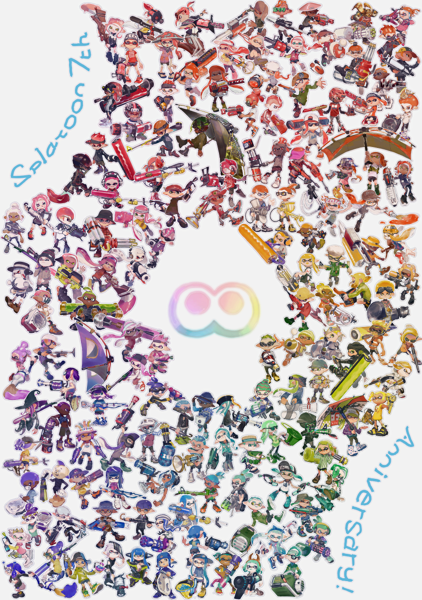 6+boys 6+girls absurdres anniversary baseball_cap beanie beret black_footwear bloblobber_(splatoon) blue_eyes brown_footwear bucket copyright_name crown dualie_squelchers_(splatoon) dynamo_roller_(splatoon) glasses glooga_dualies_(splatoon) gloves goggles green_eyes grey_footwear hat helmet highres holding holding_bucket holding_weapon inkbrush_(splatoon) inkling inkling_boy inkling_girl inkling_player_character mask mebari mouth_mask multiple_boys multiple_girls nintendo orange_eyes paint_roller pink_eyes purple_eyes sloshing_machine_(splatoon) splatoon_(series) splatoon_1 splatoon_2 tenta_brella_(splatoon) tri-slosher_(splatoon) weapon weapon_request white_footwear yellow_eyes