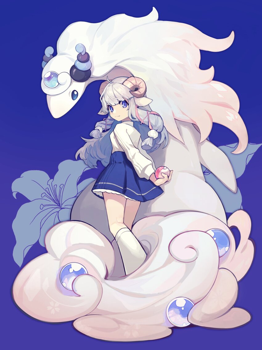 1girl absurdres alternate_color alternate_shiny_pokemon ampharos animal_ears blue_background blue_eyes blue_gemstone blue_hair fluffy full_body gem gen_2_pokemon hair_ornament highres holding holding_poke_ball horns lanjiujiu leg_warmers long_hair long_sleeves looking_at_viewer love_ball mega_ampharos mega_pokemon nintendo pink_horns poke_ball pokemon pokemon_(creature) pom_pom_(clothes) pom_pom_hair_ornament sheep_ears sheep_girl sheep_horns shirt simple_background standing white_hair white_leg_warmers white_shirt wool