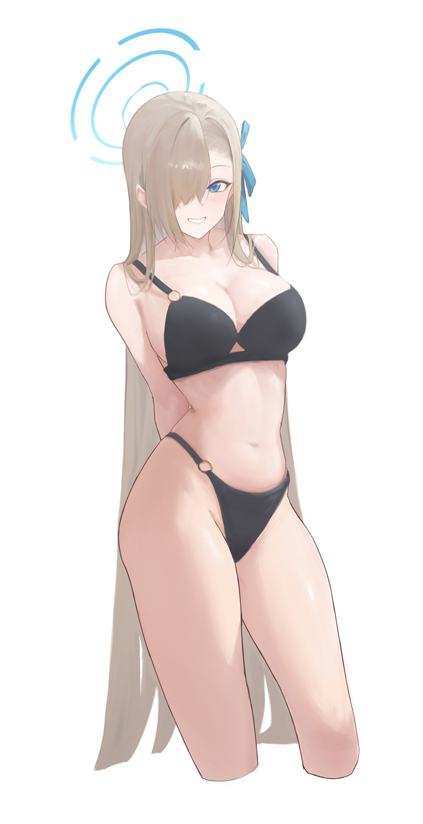 1girl absurdres alternate_costume arms_behind_back asuna_(blue_archive) bare_shoulders black_bra black_panties blue_archive blue_eyes blue_halo blue_ribbon bra breasts brown_hair check_commentary chinese_commentary cleavage commentary commentary_request cropped_legs grin hair_over_one_eye hair_ribbon halo highres kong_zhizen large_breasts long_hair looking_at_viewer navel panties ribbon simple_background smile solo stomach underwear very_long_hair white_background