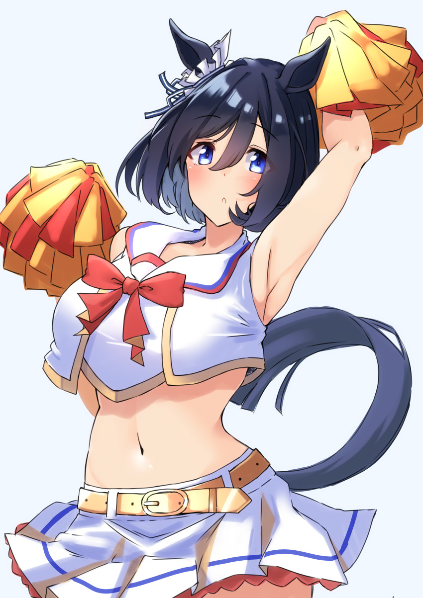 1girl absurdres animal_ears arm_up belt black_hair blouse blue_eyes blush breasts cheerleader commentary_request cowboy_shot crop_top eishin_flash_(umamusume) grey_background hair_between_eyes highres holding holding_pom_poms horse_ears komb large_breasts looking_at_viewer midriff navel nice_nature_(run&amp;win)_(umamusume) pom_pom_(cheerleading) pom_poms shirt short_hair simple_background skirt skirt_set sleeveless sleeveless_shirt solo standing stomach umamusume white_shirt white_skirt yellow_belt