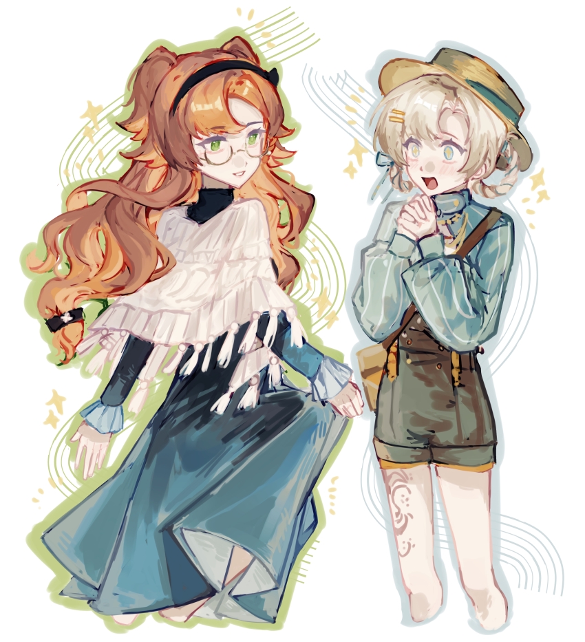 +_+ 2girls absurdres bag black_hairband blue_dress blue_eyes blue_shrug boater_hat braid braided_hair_rings capelet cropped_legs dress feet_out_of_frame glasses green_eyes grey_hair grey_shorts hair_rings hairband hands_up hat highres interlocked_fingers leg_tattoo long_hair long_sleeves looking_at_another matilda_bouanich matilda_bouanich_(the_genius&#039;s_holiday) medium_hair multiple_girls official_alternate_costume open_mouth orange_hair own_hands_together parted_lips reverse:1999 round_eyewear sangyu-feiwan shirt short_shorts shorts shoulder_bag shrug_(clothing) skirt_hold sonetto_(emotion_in_tranquility)_(reverse:1999) sonetto_(reverse:1999) sparkle tattoo two_side_up white_background white_capelet white_shirt yellow_hat