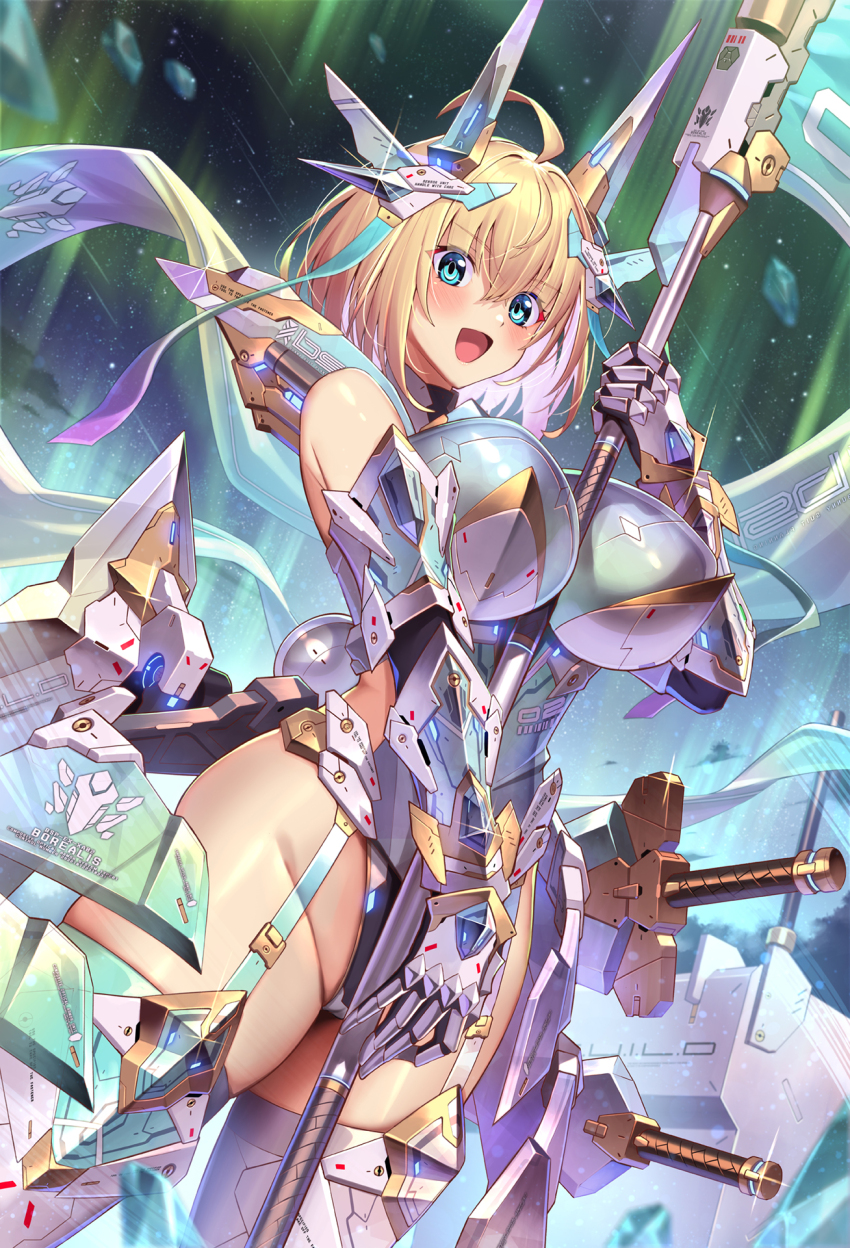 1girl :d ahoge aqua_eyes blonde_hair blush breasts colored_inner_hair commentary_request gauntlets groin hair_between_eyes headgear highres holding holding_scythe holding_weapon large_breasts looking_at_viewer mecha_musume multicolored_hair official_art open_mouth original pink_hair scythe smile solo sophia_f_shirring sword takamine_nadare thighs two-tone_hair weapon