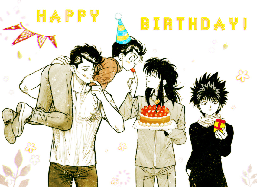 bad_id bad_pixiv_id blush cake candle carrying_over_shoulder closed_eyes cowboy_shot feeding food fruit gift happy_birthday headband hiei holding holding_gift jungyun99 kurama_(yu_yu_hakusho) kuwabara_kazuma long_hair male_focus multiple_boys pompadour sepia short_hair smile spiked_hair strawberry tongue urameshi_yuusuke yuu_yuu_hakusho