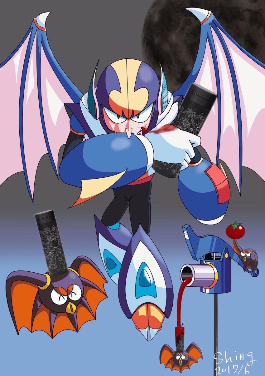 arm_cannon capcom flying highres looking_at_viewer mega_man_(classic) mega_man_(series) mega_man_7 moon no_humans robot shade_man tomato weapon wings