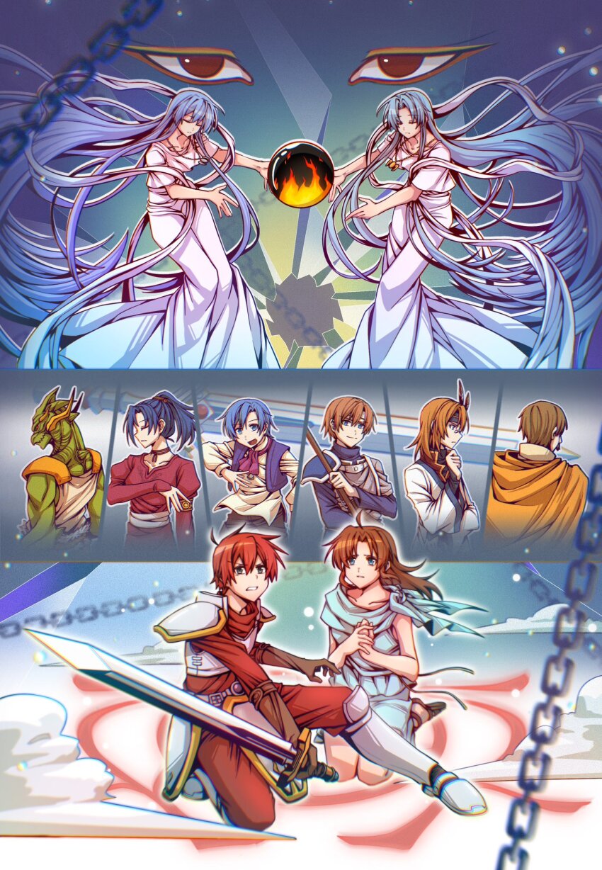 4girls 6+boys adol_christin ahoge arkibk armor blue_eyes blue_hair breastplate brown_eyes brown_gloves character_request cloak closed_eyes curtained_hair double-parted_bangs dress feena_(ys) floating_hair gloves hair_between_eyes highres holding holding_sword holding_weapon lilia_(ys) long_hair multiple_boys multiple_girls parted_bangs pauldrons reah_(ys) red_hair reptile_boy short_hair shoulder_armor sword very_long_hair weapon ys