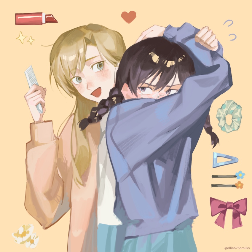 2girls :d absurdres arms_up black_eyes black_hair blonde_hair blue_skirt blue_sweater blush bow braid comb commentary cosmetics crossed_arms ellie_niunai_zhuyi_zhe flying_sweatdrops glasses green_eyes hair_ornament hair_scrunchie hairclip hairpin heart highres holding holding_comb jacket kurume_makoto lipstick_tube long_hair long_sleeves looking_at_another multiple_girls murashige_yuzuki open_mouth orange_jacket red_bow reluctant scrunchie shirt simple_background skip_to_loafer skirt smile sparkle sweater twin_braids twintails twitter_username upper_body v-shaped_eyebrows white_shirt yellow_background