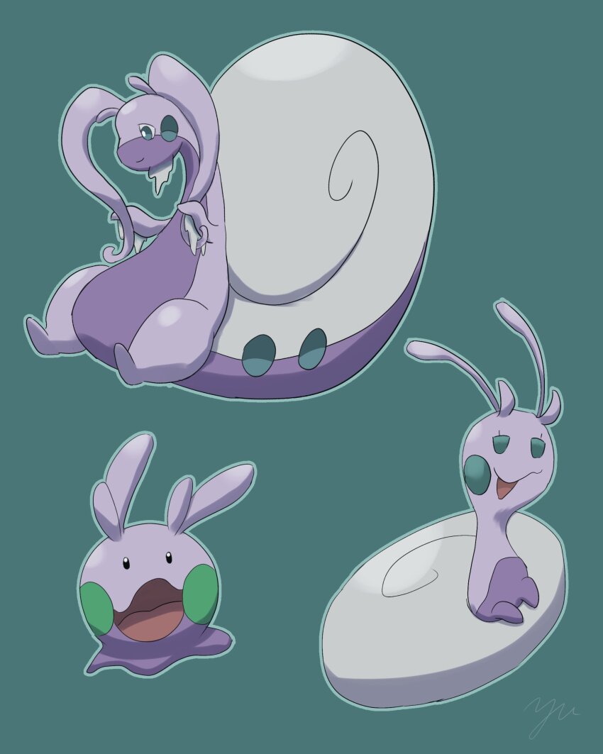 absurdres animal_focus antennae black_eyes colored_skin commentary_request creatures_(company) evolutionary_line game_freak gen_6_pokemon goomy green_background green_eyes highres hisuian_goodra hisuian_sliggoo nintendo no_humans open_mouth pokemon pokemon_(creature) purple_skin simple_background slime_(substance) smile tail yu_(pocketsun636)
