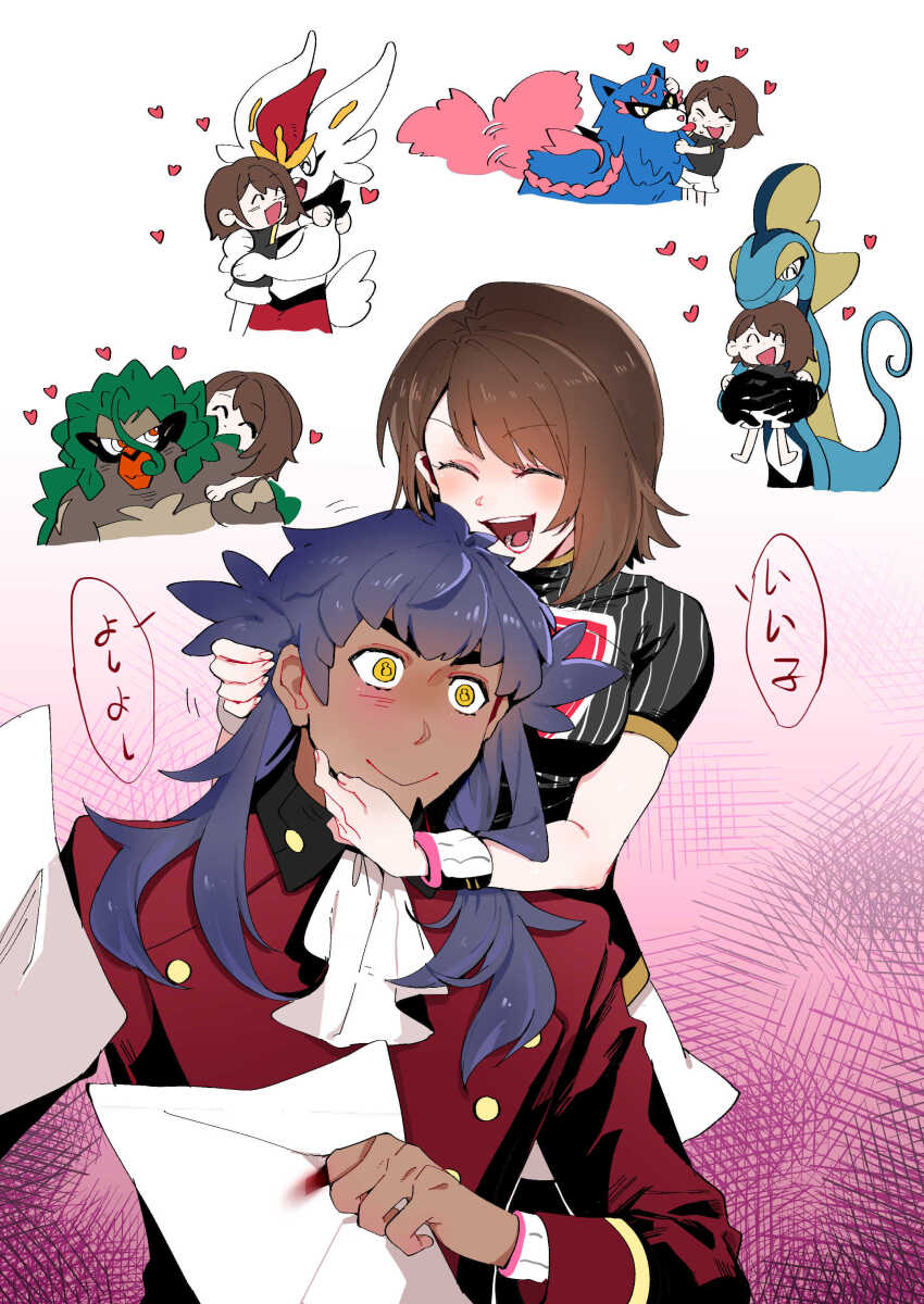 1boy 1girl :&gt; :d absurdres ascot black_shirt blush brown_hair buttons champion_uniform cinderace closed_mouth commentary_request dark-skinned_male dark_skin dynamax_band gen_8_pokemon gloria_(pokemon) heart highres holding hug inteleon jacket legendary_pokemon leon_(pokemon) long_hair multiple_views nintendo open_mouth pokemon pokemon_swsh red_jacket rillaboom shirt short_hair short_sleeves smile speech_bubble teeth tongue translation_request white_ascot yellow_eyes yuukuroi_(pxmg7872) zacian