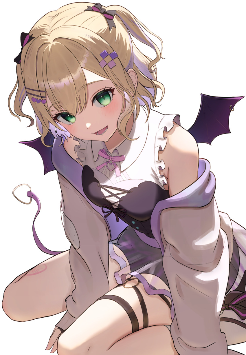 1girl bandaid black_bow black_romper blonde_hair bodice bow bowtie colored_inner_hair demon_girl demon_tail demon_wings frilled_shirt frills green_eyes hair_bow hair_ornament hairclip heart heart_hair_ornament highres jacket kisaragi_edda kurumi_noah kurumi_noah_(3rd_costume) looking_at_viewer mini_wings multicolored_hair o-ring o-ring_thigh_strap open_clothes open_jacket open_mouth piercing pink_bow pink_bowtie purple_hood purple_wings see-through_clothes see-through_skirt shirt short_hair simple_background sitting skirt smile solo strapless_romper tail thigh_strap two_side_up virtual_youtuber vspo! wariza white_background white_jacket white_shirt wing_collar wing_piercing wings