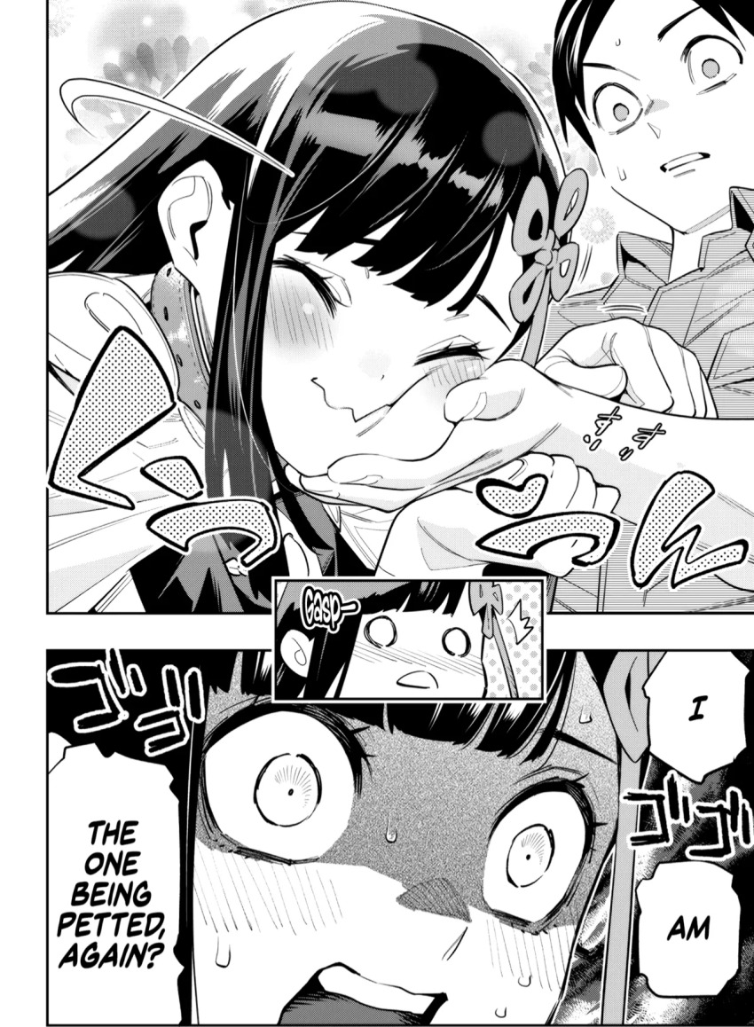 1boy 1girl animal_collar blush cape closed_eyes collar dot_nose english_text hair_ornament highres long_hair long_sleeves manga_page mato_seihei_no_slave monochrome nervous_sweating official_art petting short_hair sweat sweatdrop takemura_youhei teeth translated wakura_yuuki yamashiro_ren