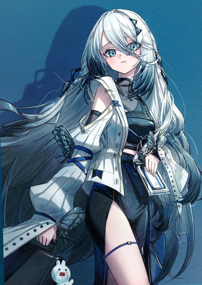 1girl absurdres aqua_eyes armillarphere_v bell_sleeves black_hair blue_background briefcase bug butterfly clothing_cutout cowboy_shot cropped_shirt detached_sleeves drop_shadow gradient_hair hair_between_eyes hair_ornament half_chest_guard halter_shirt halterneck hashtag-only_commentary high-waist_skirt highres holding holding_briefcase id_card insect jacket lanyard long_bangs long_hair long_skirt looking_at_viewer messy_hair midriff mole mole_under_eye mole_under_mouth multicolored_hair nijisanji open_clothes open_jacket see-through_clothes see-through_shirt shirt shoulder_cutout side_slit skirt sleeve_belt solo sophia_valentine sophia_valentine_(1st_costume) striped_clothes striped_jacket stuffed_animal stuffed_toy thigh_strap vertical-striped_clothes vertical-striped_jacket very_long_hair virtual_youtuber white_hair white_jacket wide_sleeves
