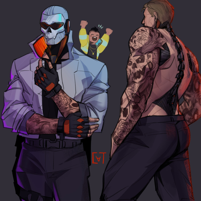 2boys absurdres arm_tattoo back bara belt black_belt black_hair black_pants blonde_hair call_of_duty call_of_duty:_modern_warfare_2 cyberpunk cyberpunk_(series) cyberpunk_edgerunners david_martinez fingerless_gloves ghost_(modern_warfare_2) gloves grey_background highres jacket male_focus mask multiple_boys muscular muscular_male official_alternate_costume pants short_hair simple_background skull_mask sundaycat3 tattoo topless_male white_jacket