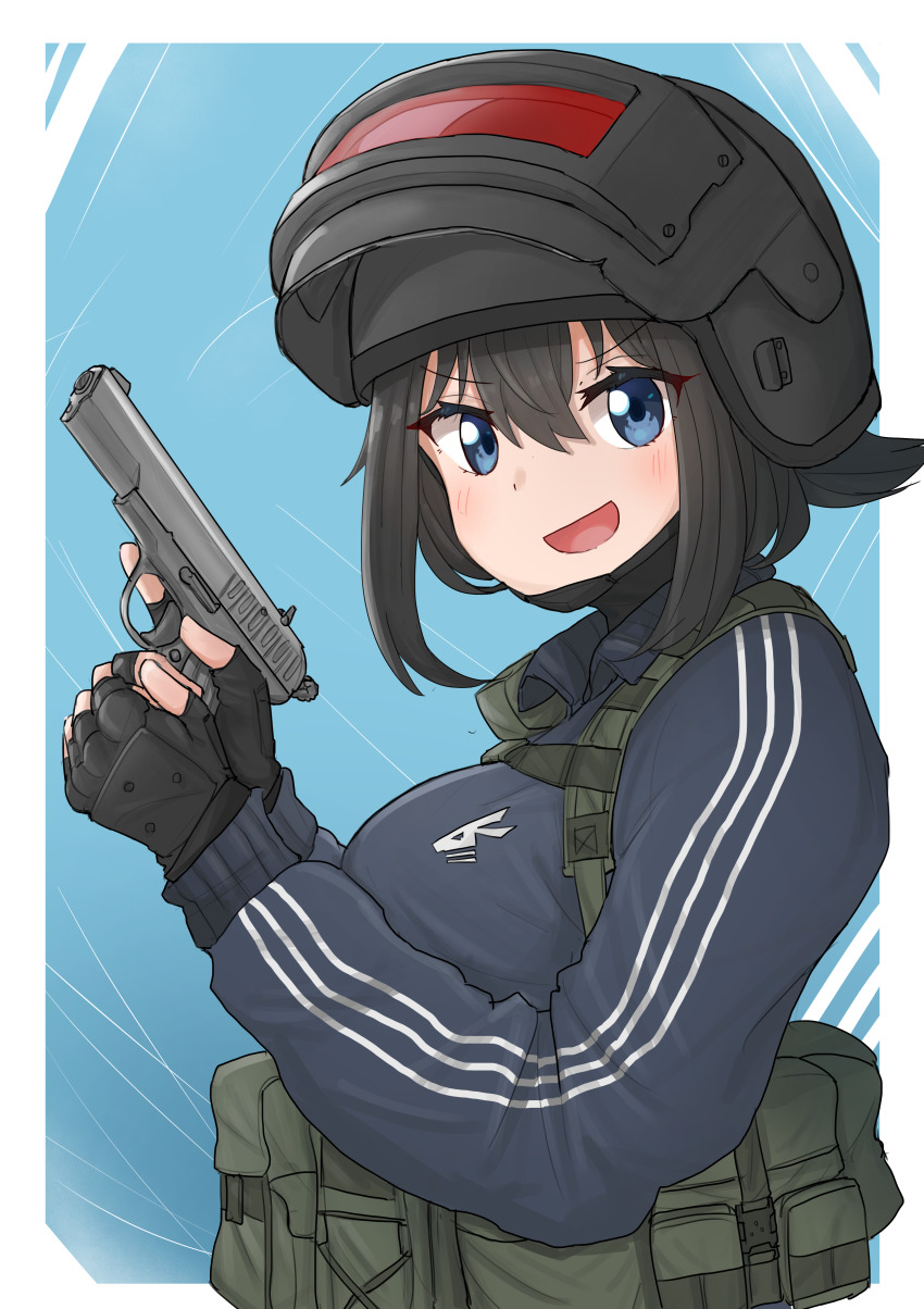1girl :d absurdres altyn_helmet black_gloves black_hair black_headwear blue_background blue_eyes blue_jacket breasts buckle combat_helmet commentary english_commentary fingerless_gloves gloves gun hair_between_eyes handgun hands_up helmet highres holding holding_gun holding_weapon jacket long_sleeves looking_at_viewer medium_breasts open_mouth original smile snap-fit_buckle solo srtdrawart striped_clothes striped_jacket tokarev_tt-33 track_jacket two-tone_background upper_body v-shaped_eyebrows weapon white_background